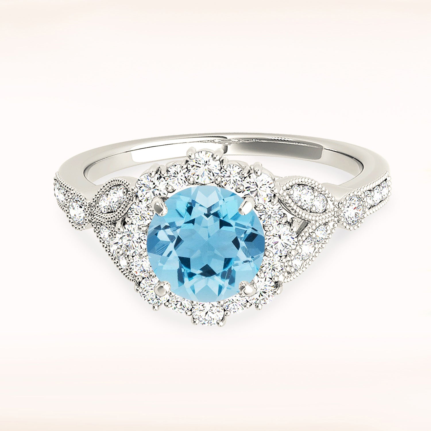 1.10 ct. Genuine Aquamarine Ring With 0.40 ctw. Diamond Flower Halo, Milgrain V Shape Graduating Diamond Band | Blue Aquamarine Halo Ring-VIRABYANI